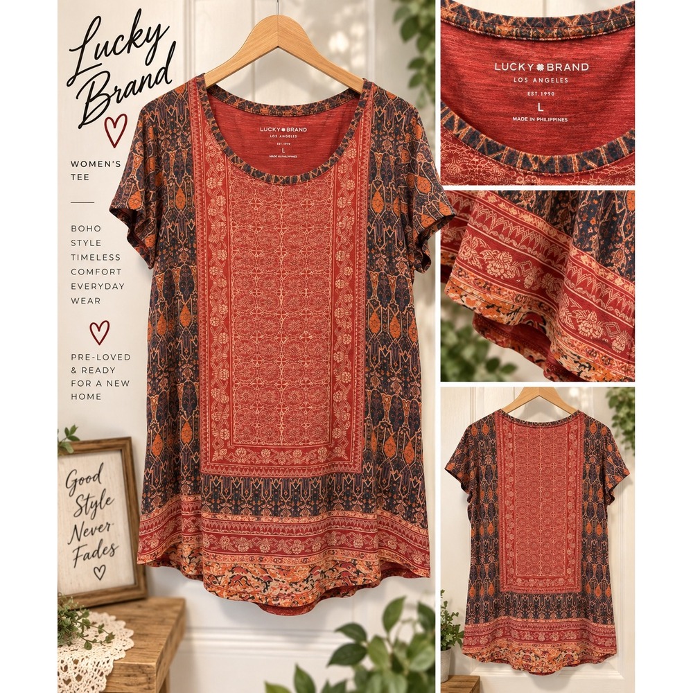 Lucky Brand Womens Red Boho Medallion Print Short Sleeve Tee Shirt L